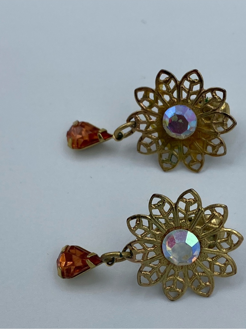 Vintage Avon Gold Floral Drop Earrings Aurora Borealis Iridescent Amber Crystals